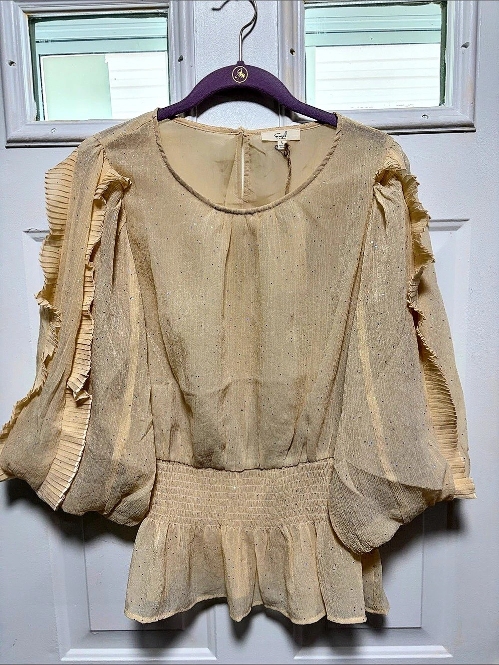 Easel Sequin Ruffle Peplum Blouse in Beige Size large